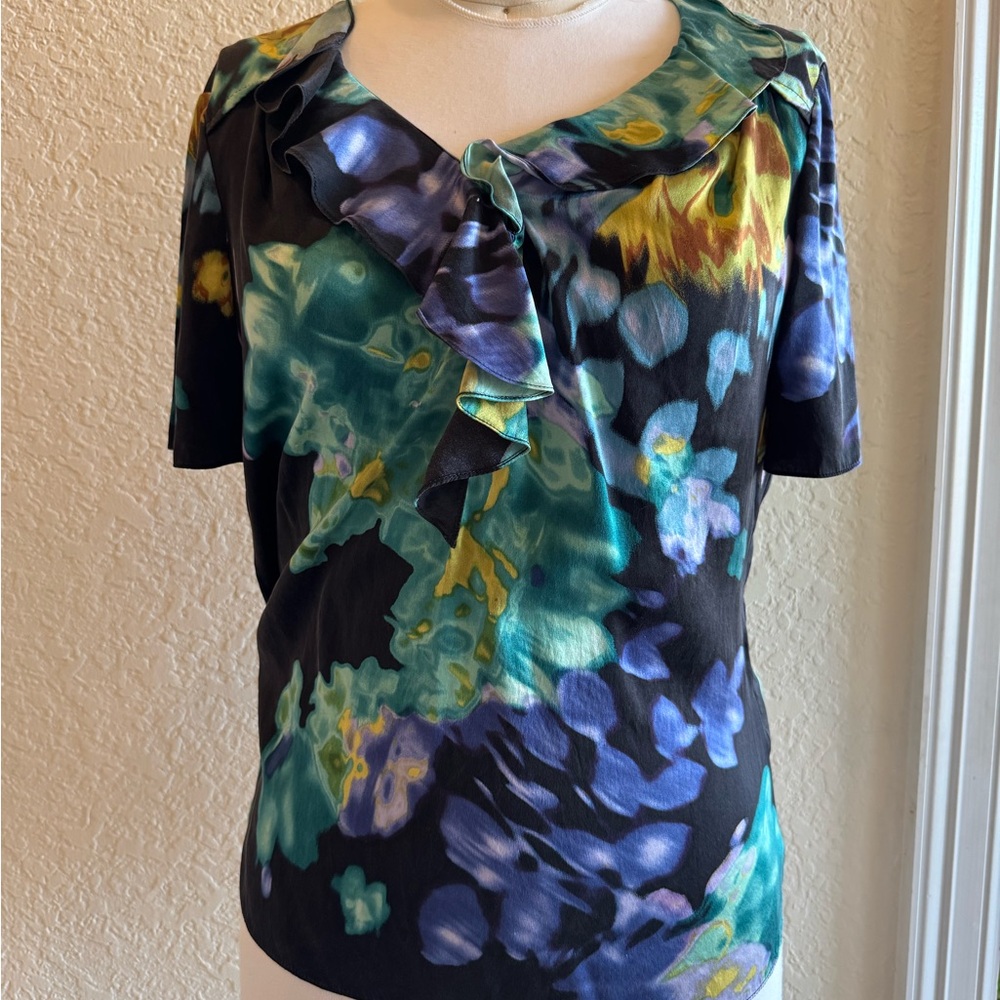 Jones New York Multicolor Silk Floral Ruffle Blouse